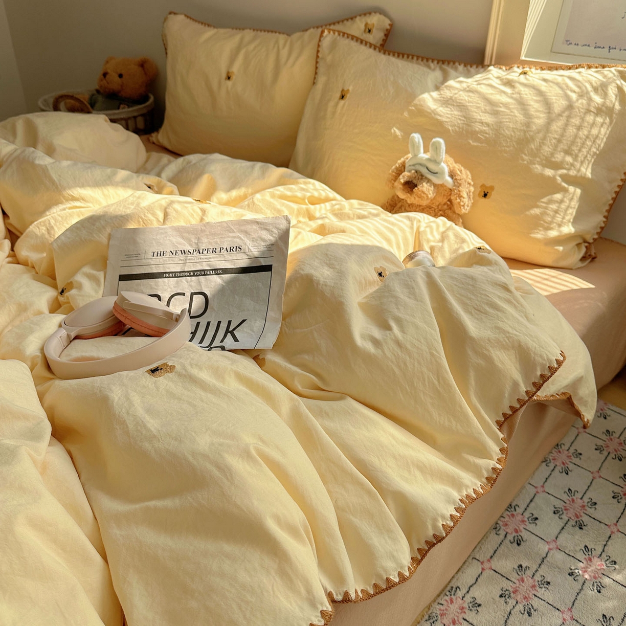 91家纺网 家纺一手货源 找家纺 顾里家纺 2025新款ins韩风刺绣云朵棉四件套 ins棕熊