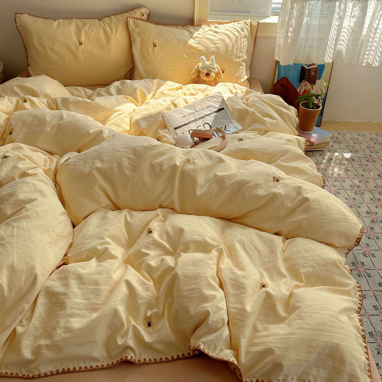 91家纺网 家纺一手货源 找家纺 顾里家纺 2025新款ins韩风刺绣云朵棉四件套 ins棕熊