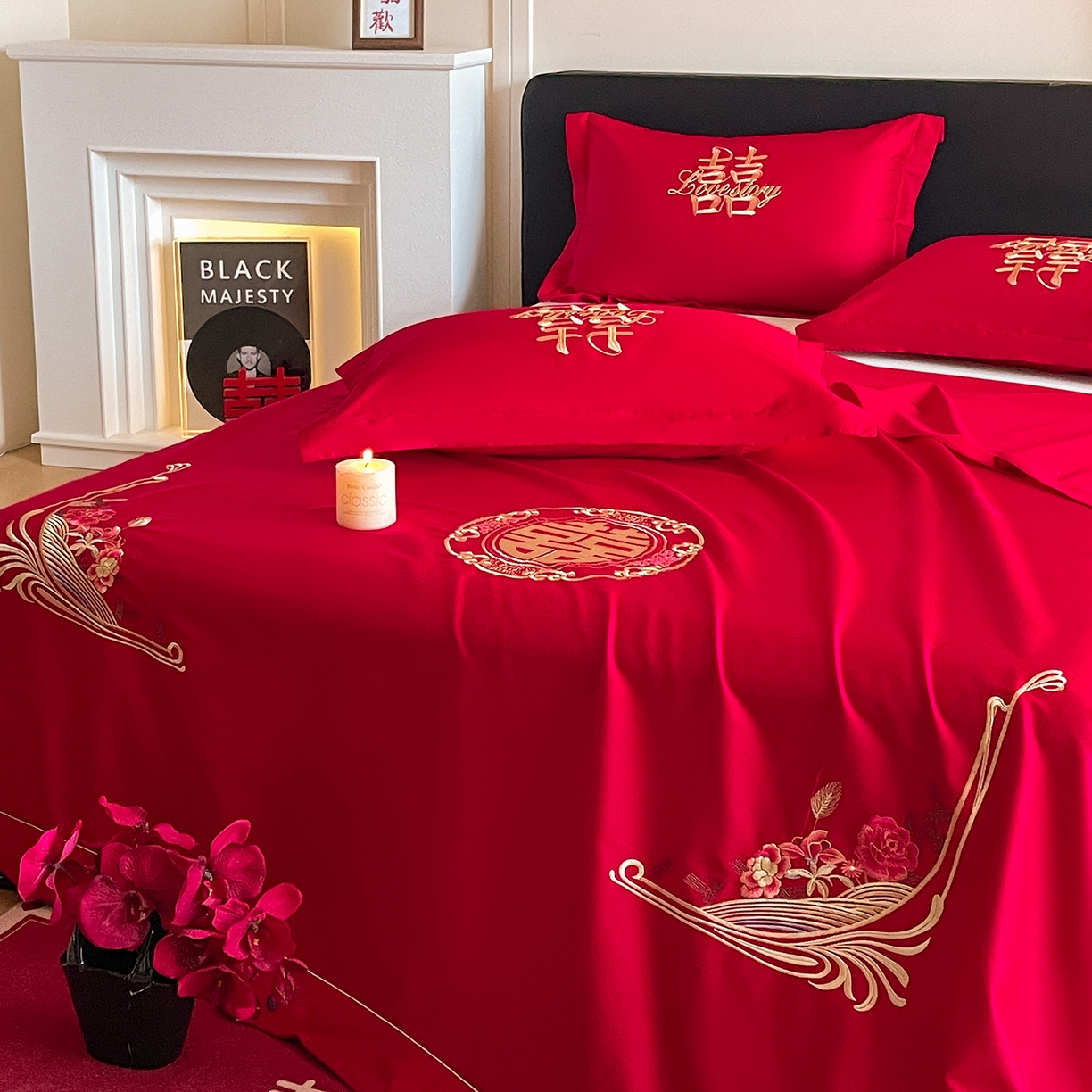 91家纺网 家纺一手货源 找家纺 玉雅家纺 2025新款100支长绒棉刺绣婚庆床单单件绣花三件套 长绒棉床单-情定