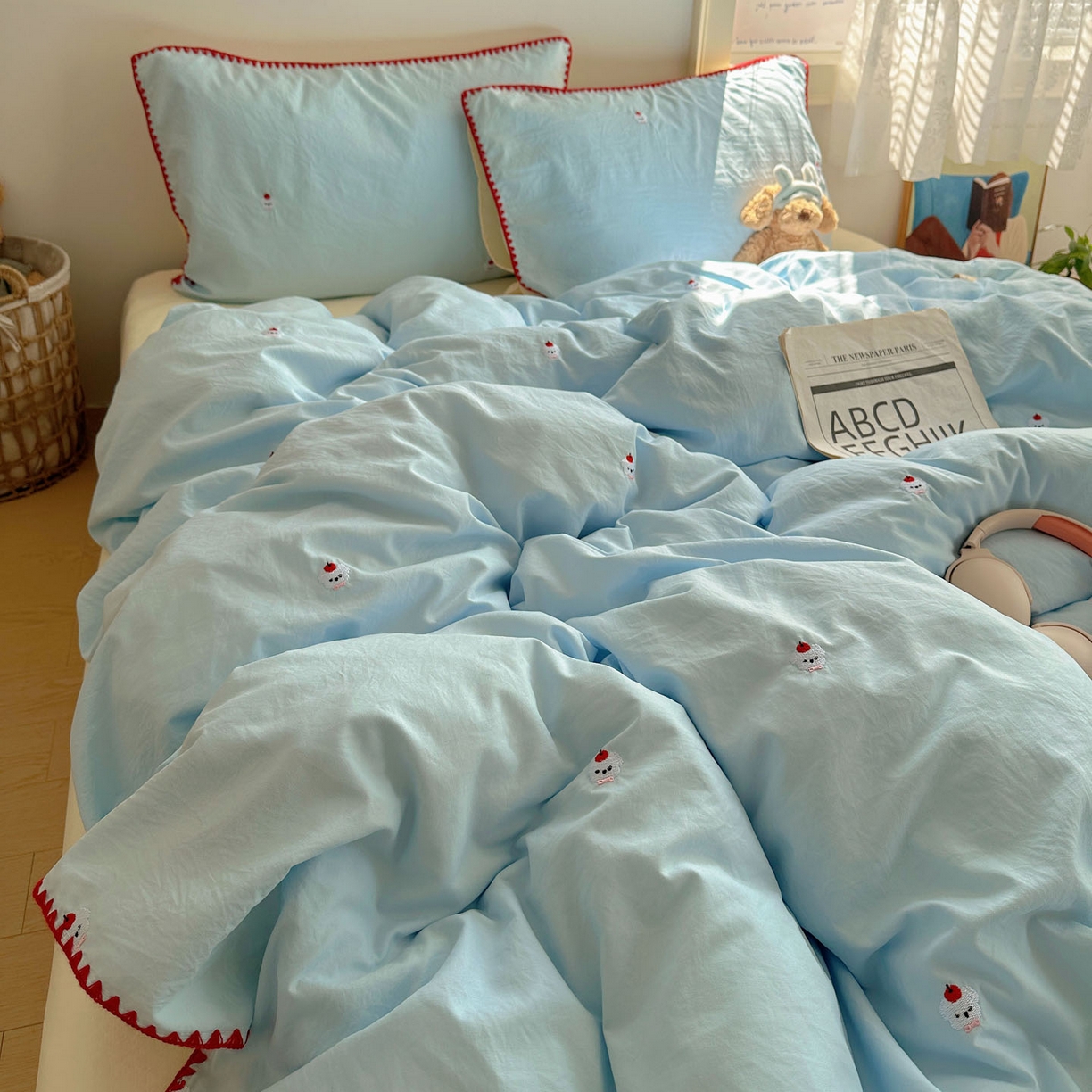 91家纺网 家纺一手货源 找家纺 顾里家纺 2025新款ins韩风刺绣云朵棉四件套 泡泡狗