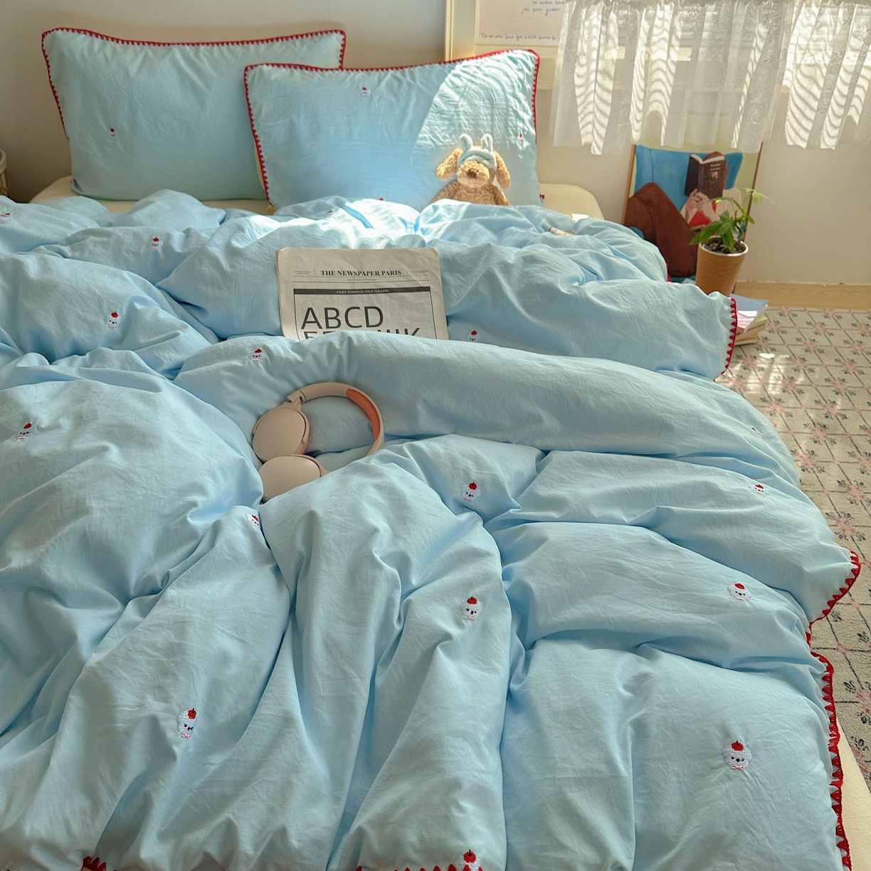 91家纺网 家纺一手货源 找家纺 顾里家纺 2025新款ins韩风刺绣云朵棉四件套 泡泡狗