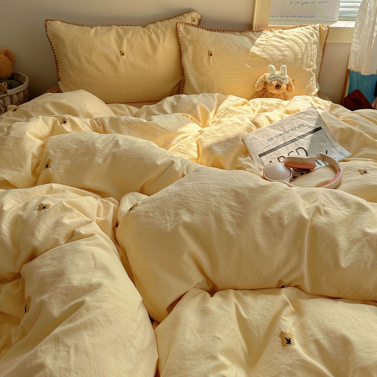 91家纺网 家纺一手货源 找家纺 顾里家纺 2025新款ins韩风刺绣云朵棉四件套 ins棕熊