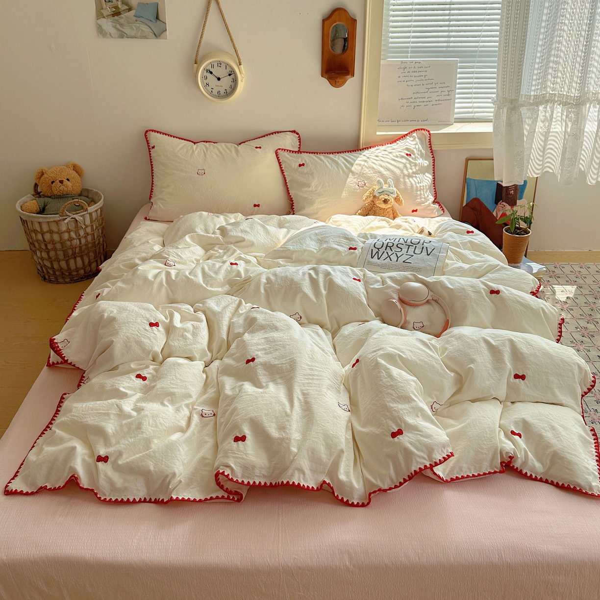 91家纺网 家纺一手货源 找家纺 顾里家纺 2025新款ins韩风刺绣云朵棉四件套 贝拉猫咪