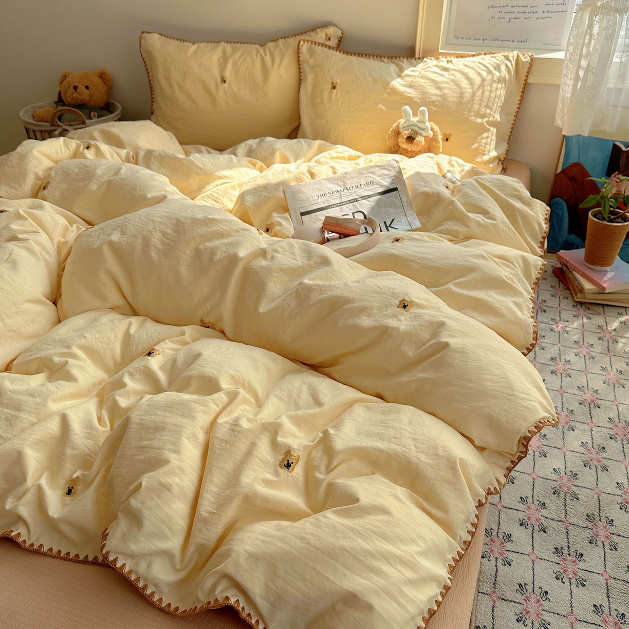 91家纺网 家纺一手货源 找家纺 顾里家纺 2025新款ins韩风刺绣云朵棉四件套 ins棕熊