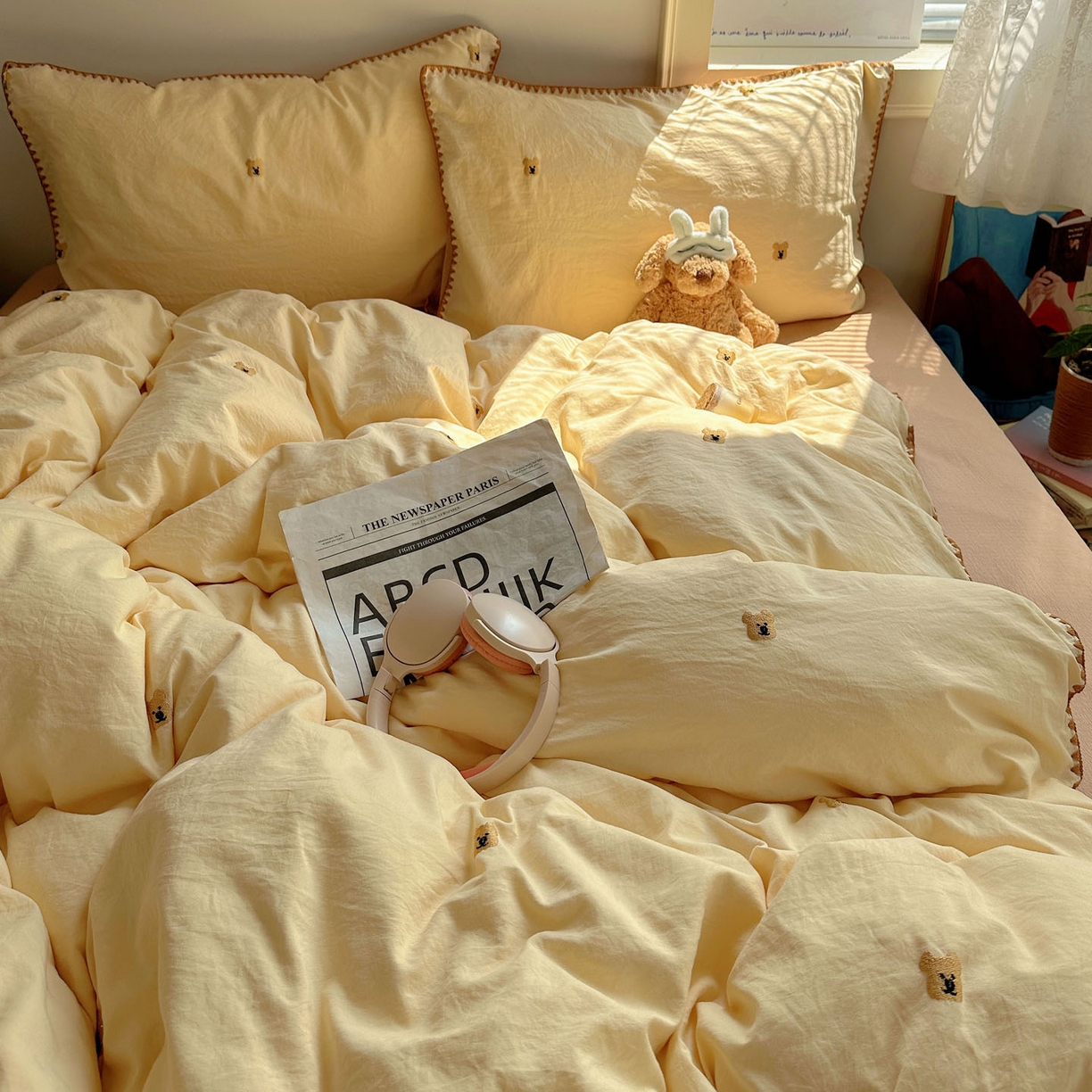 91家纺网 家纺一手货源 找家纺 顾里家纺 2025新款ins韩风刺绣云朵棉四件套 ins棕熊