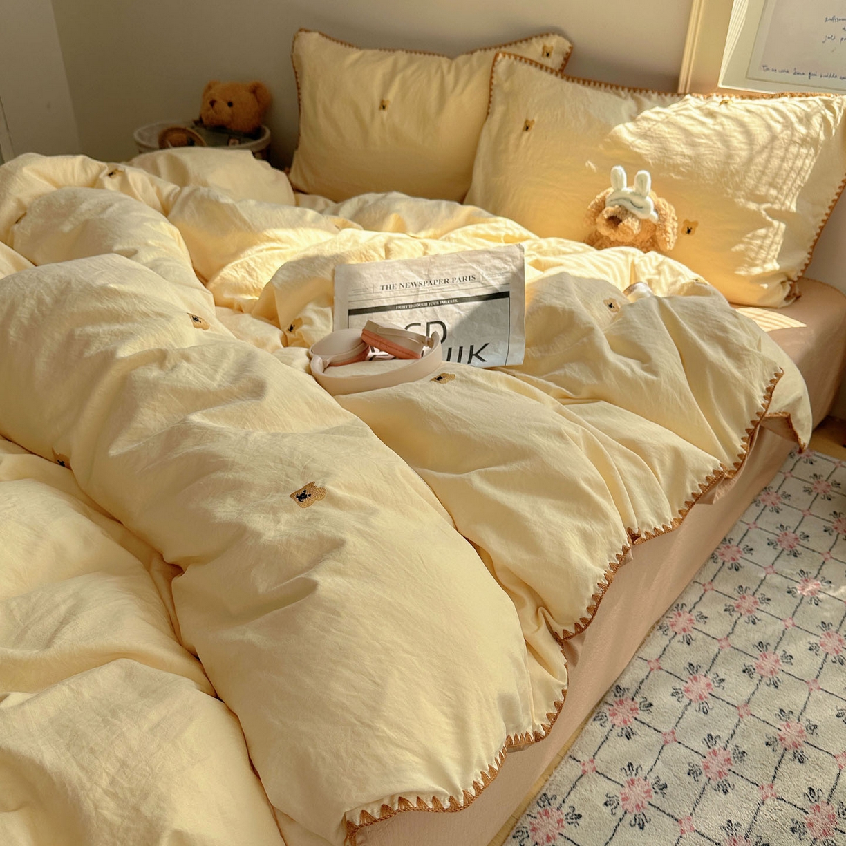 91家纺网 家纺一手货源 找家纺 顾里家纺 2025新款ins韩风刺绣云朵棉四件套 ins棕熊