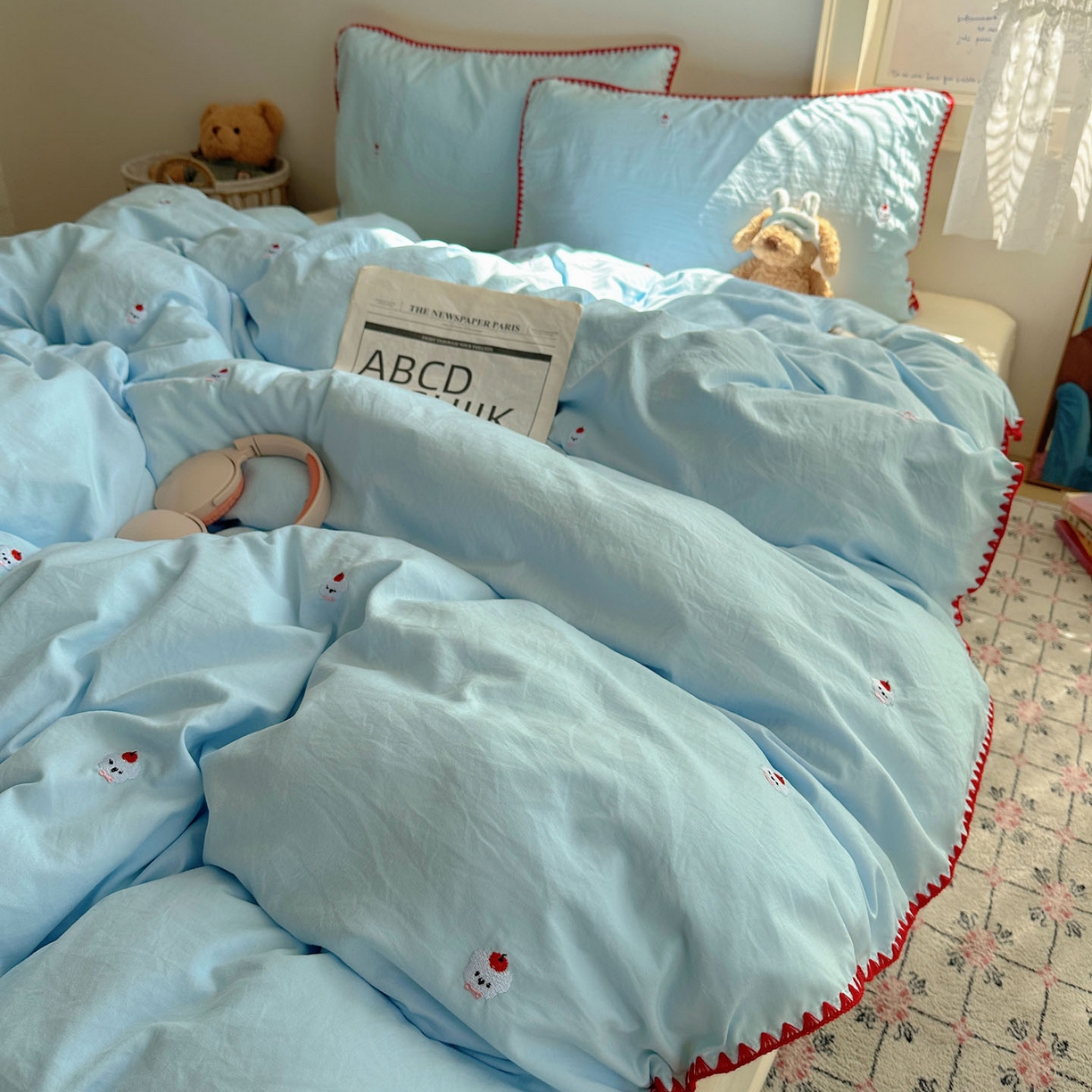 91家纺网 家纺一手货源 找家纺 顾里家纺 2025新款ins韩风刺绣云朵棉四件套 泡泡狗