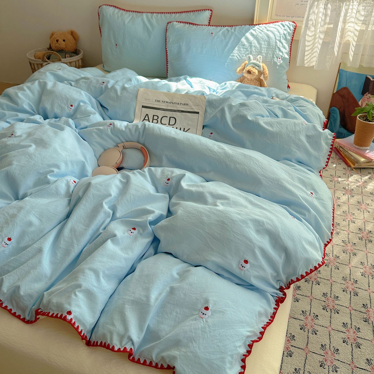 91家纺网 家纺一手货源 找家纺 顾里家纺 2025新款ins韩风刺绣云朵棉四件套 泡泡狗