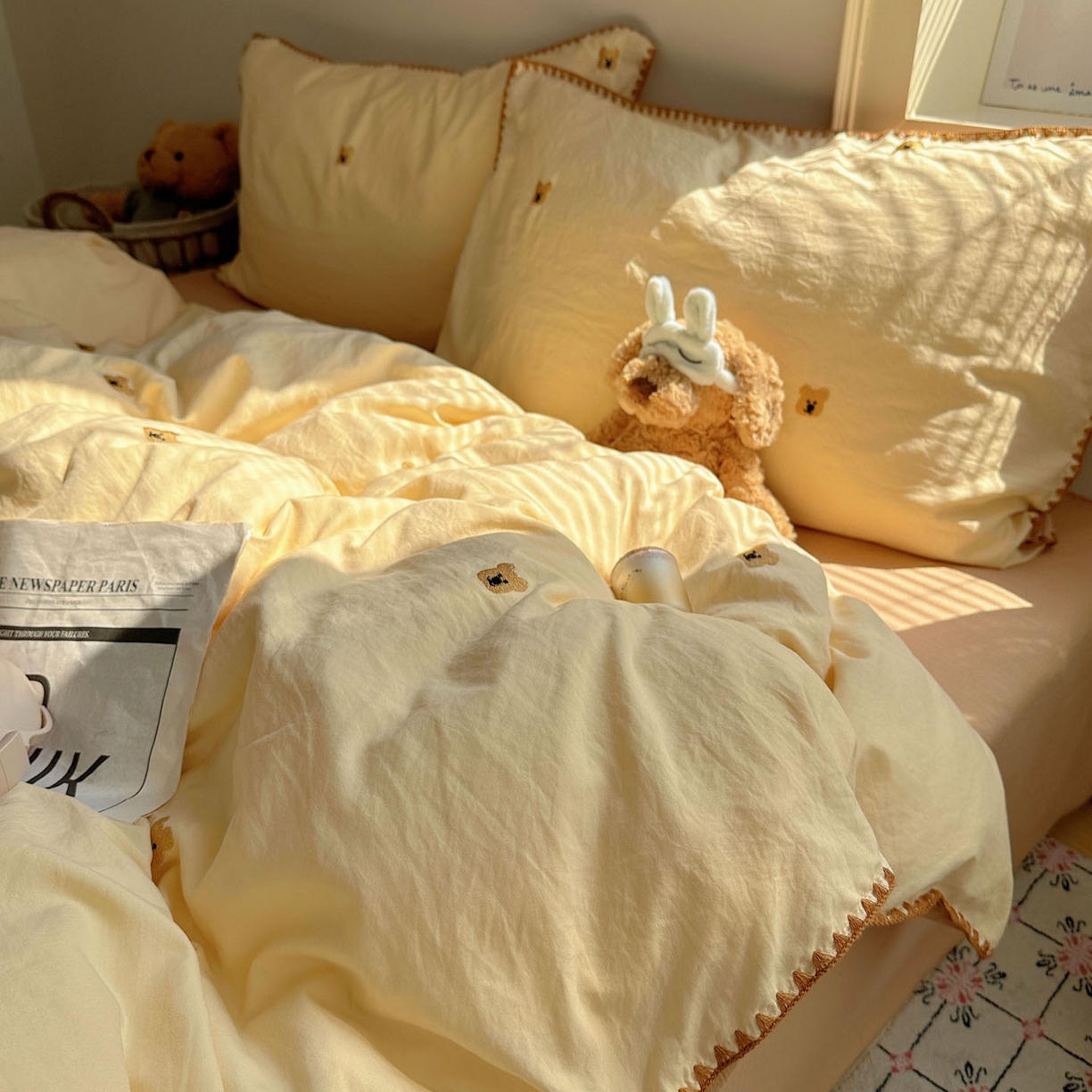 91家纺网 家纺一手货源 找家纺 顾里家纺 2025新款ins韩风刺绣云朵棉四件套 ins棕熊