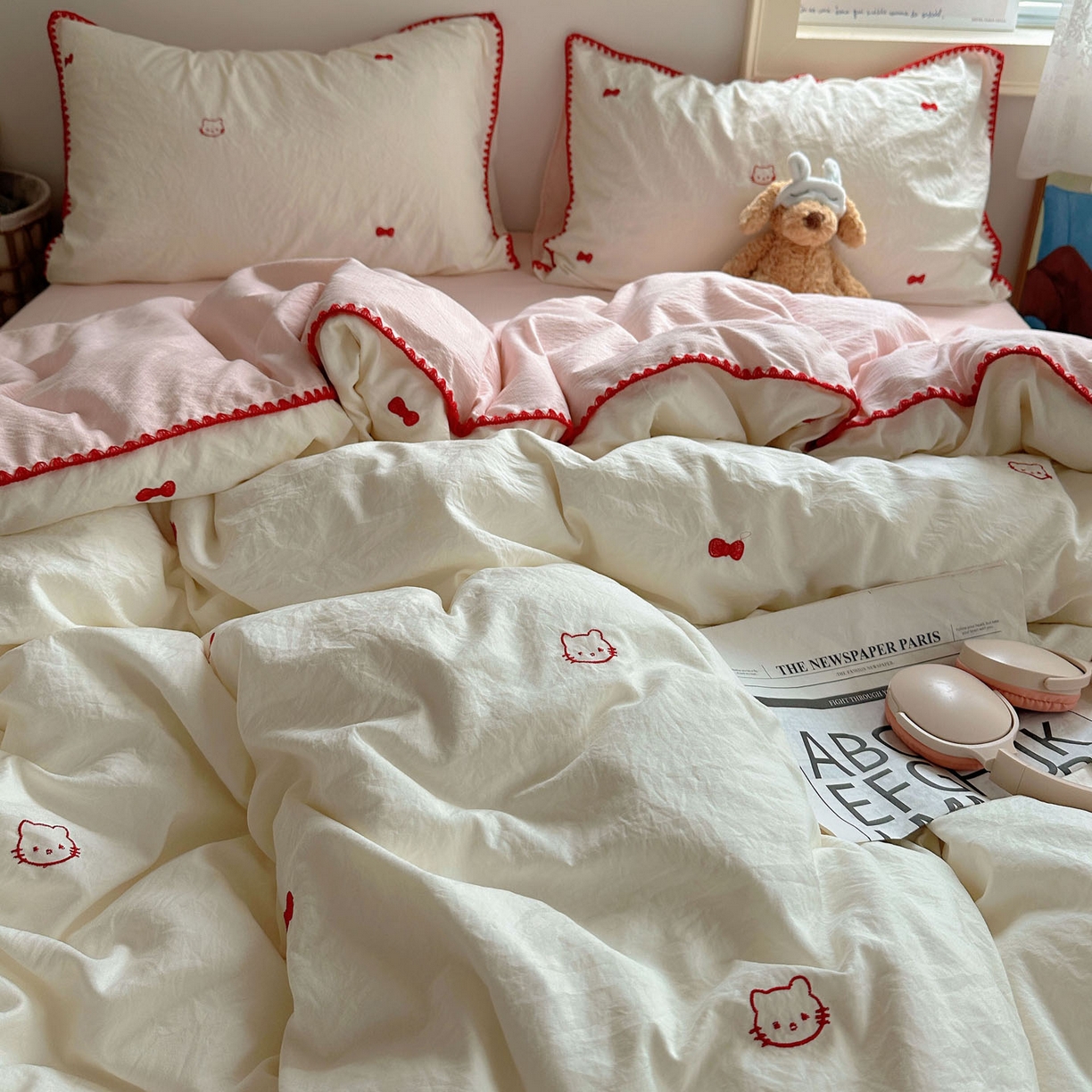 91家纺网 家纺一手货源 找家纺 顾里家纺 2025新款ins韩风刺绣云朵棉四件套 贝拉猫咪