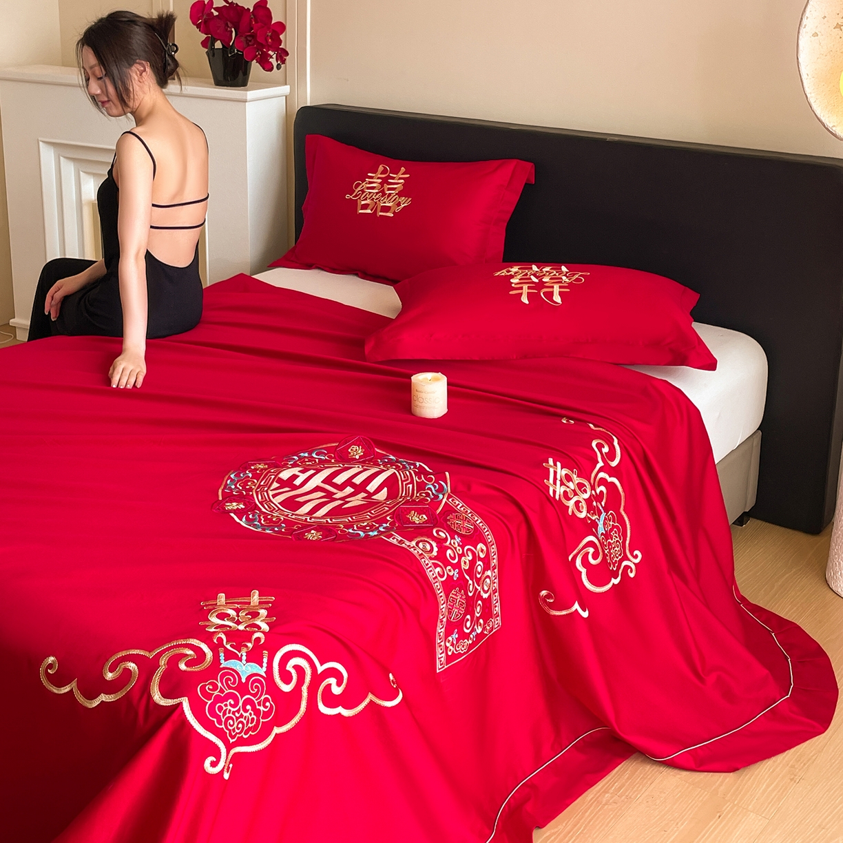 91家纺网 家纺一手货源 找家纺 玉雅家纺 2025新款100支长绒棉刺绣婚庆床单单件绣花三件套 长绒棉床单-如意双喜