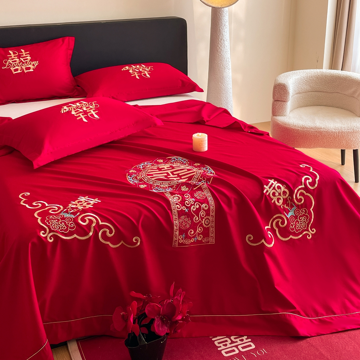 91家纺网 家纺一手货源 找家纺 玉雅家纺 2025新款100支长绒棉刺绣婚庆床单单件绣花三件套 长绒棉床单-如意双喜