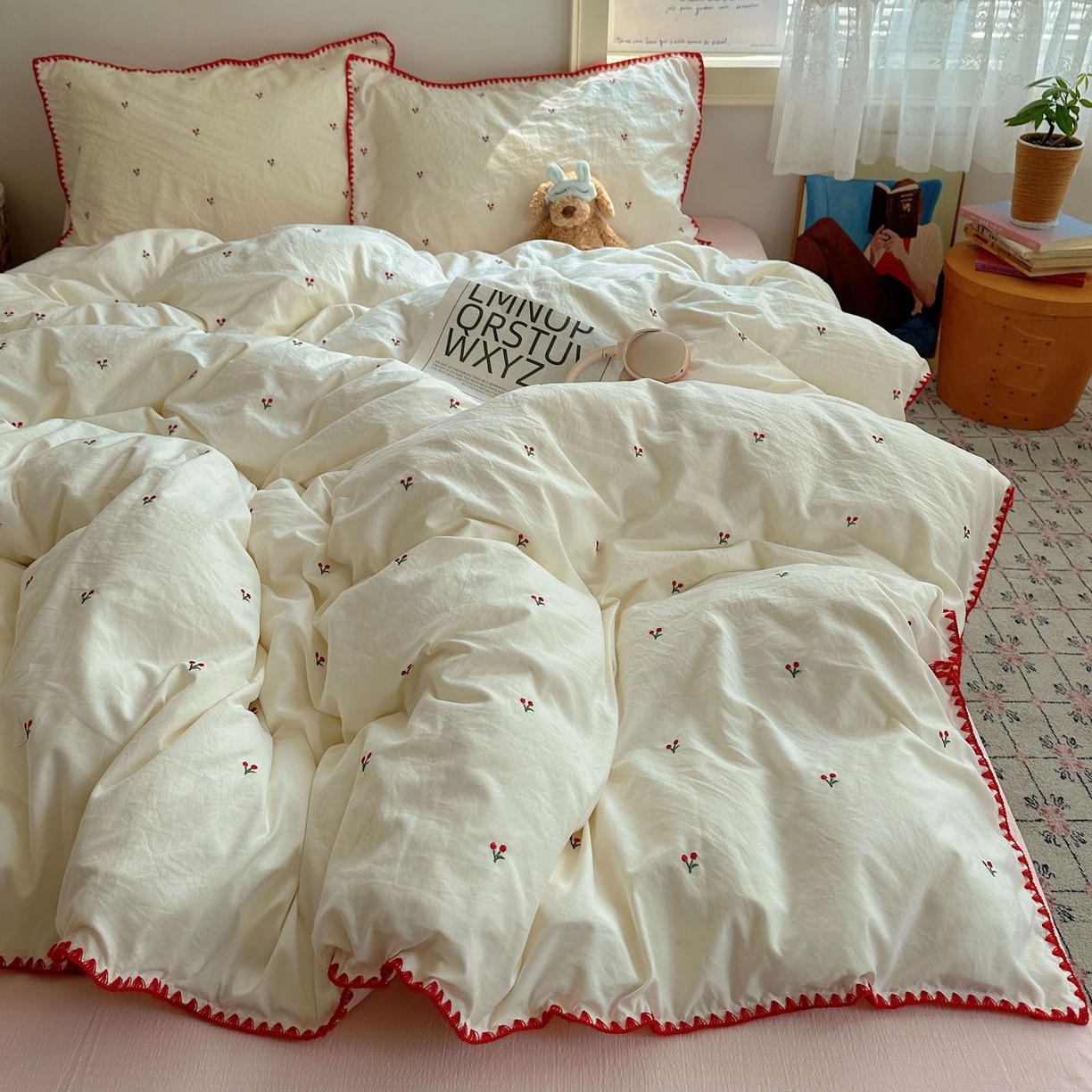 91家纺网 家纺一手货源 找家纺 顾里家纺 2025新款ins韩风刺绣云朵棉四件套 小樱桃