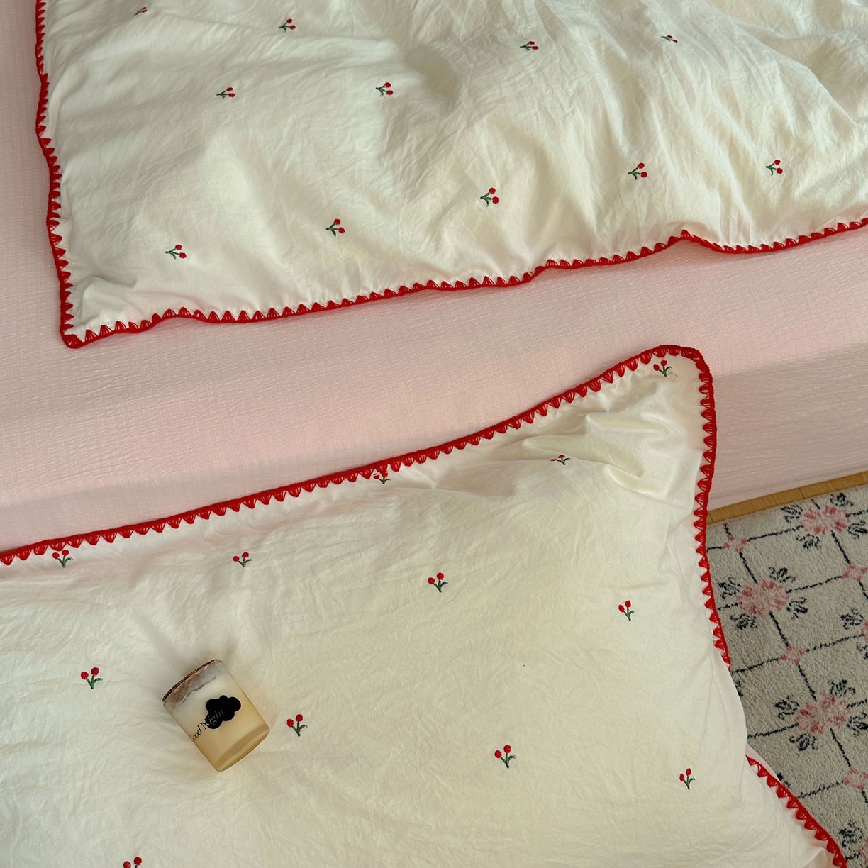 91家纺网 家纺一手货源 找家纺 顾里家纺 2025新款ins韩风刺绣云朵棉四件套 小樱桃