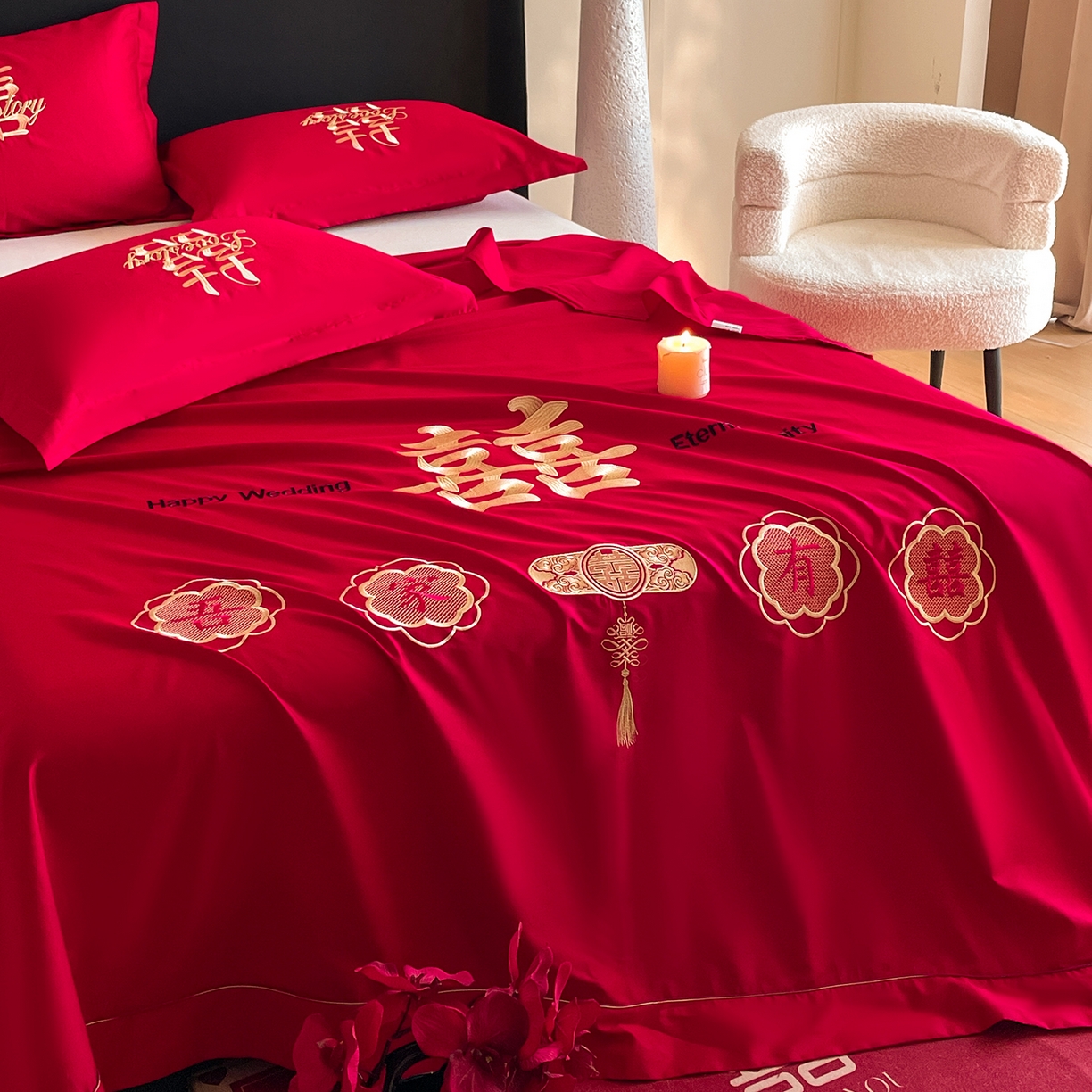 91家纺网 家纺一手货源 找家纺 玉雅家纺 2025新款100支长绒棉刺绣婚庆床单单件绣花三件套 长绒棉床单-喜上加喜