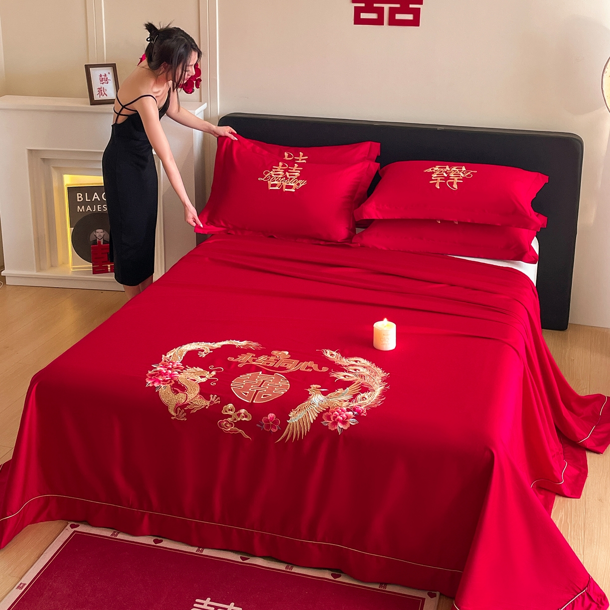 91家纺网 家纺一手货源 找家纺 玉雅家纺 2025新款100支长绒棉刺绣婚庆床单单件绣花三件套 长绒棉床单-永结同心