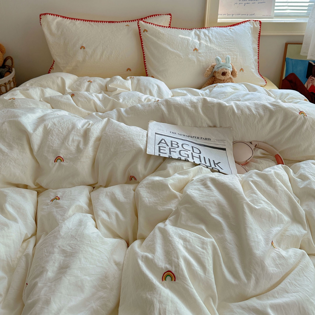 91家纺网 家纺一手货源 找家纺 顾里家纺 2025新款ins韩风刺绣云朵棉四件套 ins彩虹