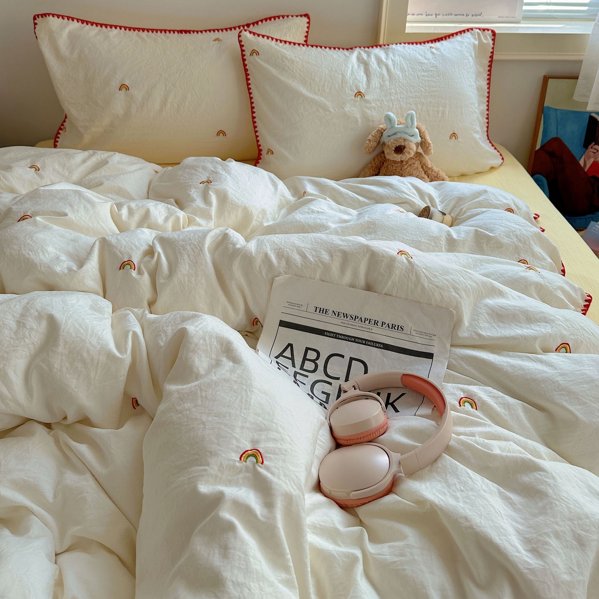 91家纺网 家纺一手货源 找家纺 顾里家纺 2025新款ins韩风刺绣云朵棉四件套 ins彩虹