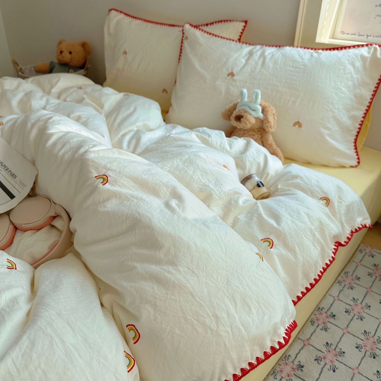 91家纺网 家纺一手货源 找家纺 顾里家纺 2025新款ins韩风刺绣云朵棉四件套 ins彩虹