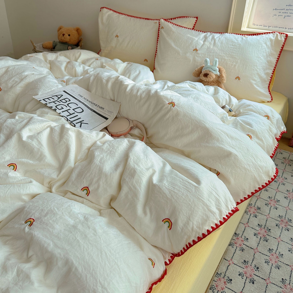 91家纺网 家纺一手货源 找家纺 顾里家纺 2025新款ins韩风刺绣云朵棉四件套 ins彩虹