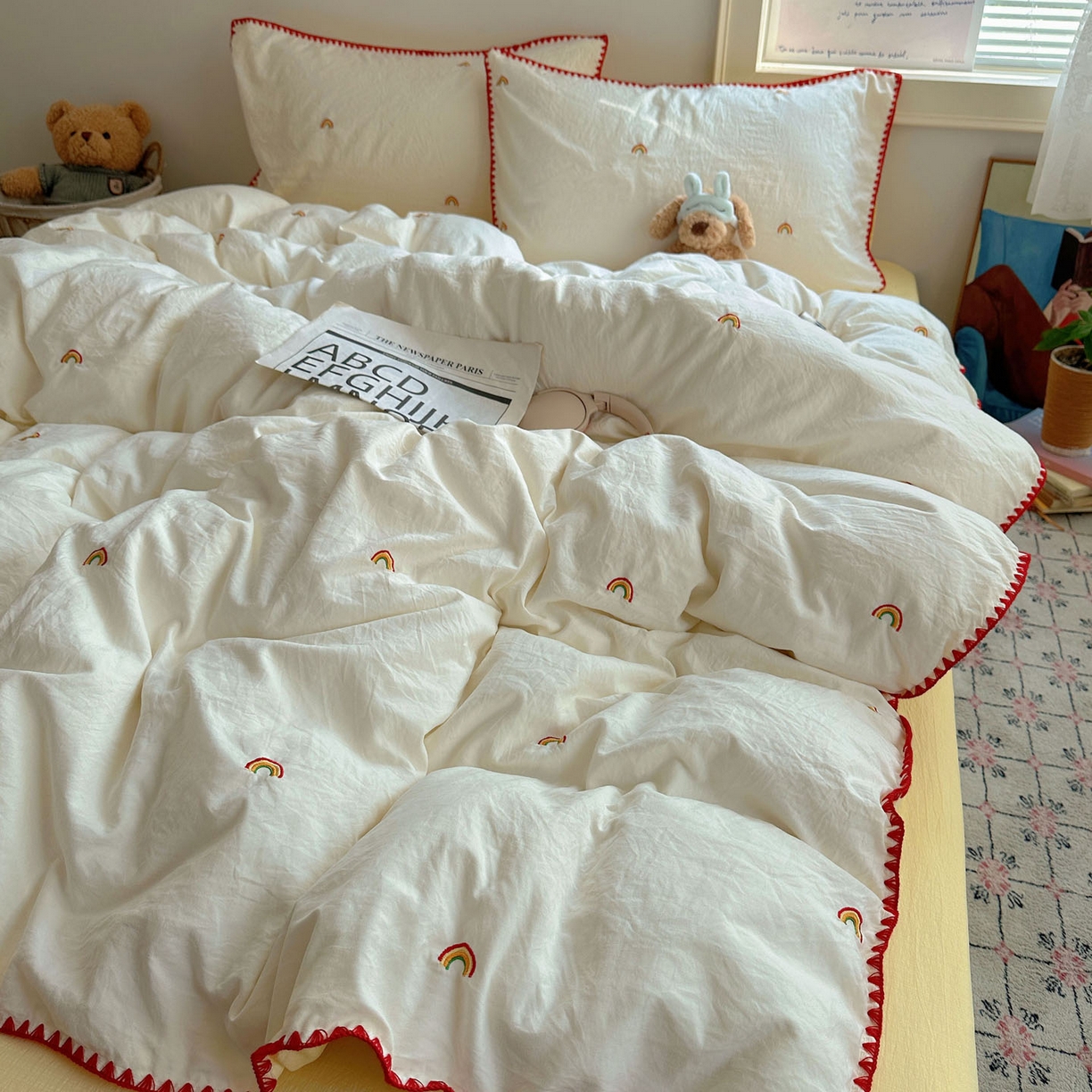 91家纺网 家纺一手货源 找家纺 顾里家纺 2025新款ins韩风刺绣云朵棉四件套 ins彩虹