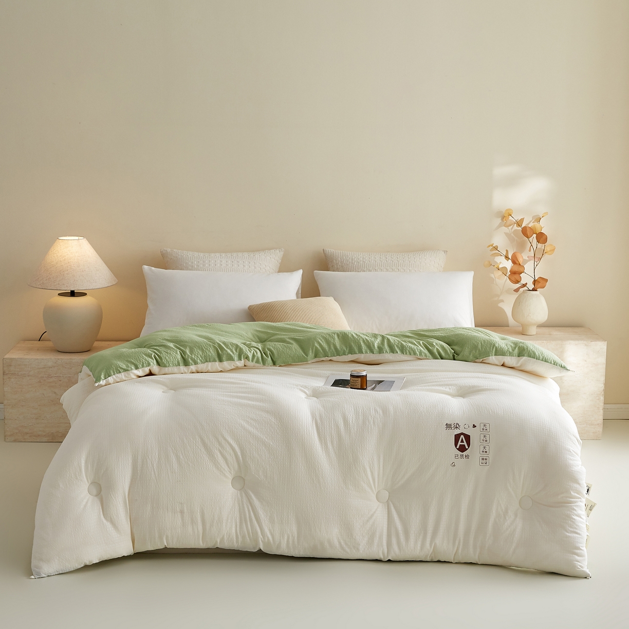 91家纺网 家纺一手货源 找家纺 帕芬鸟家纺 2025新款无染柔软大豆纤维被子被芯 无染米拼绿