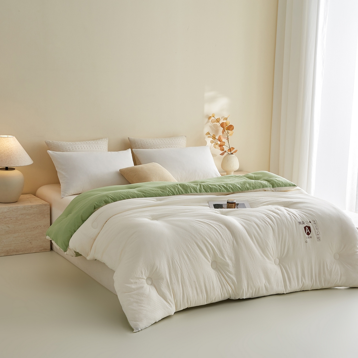 91家纺网 家纺一手货源 找家纺 帕芬鸟家纺 2025新款无染柔软大豆纤维被子被芯 无染米拼绿
