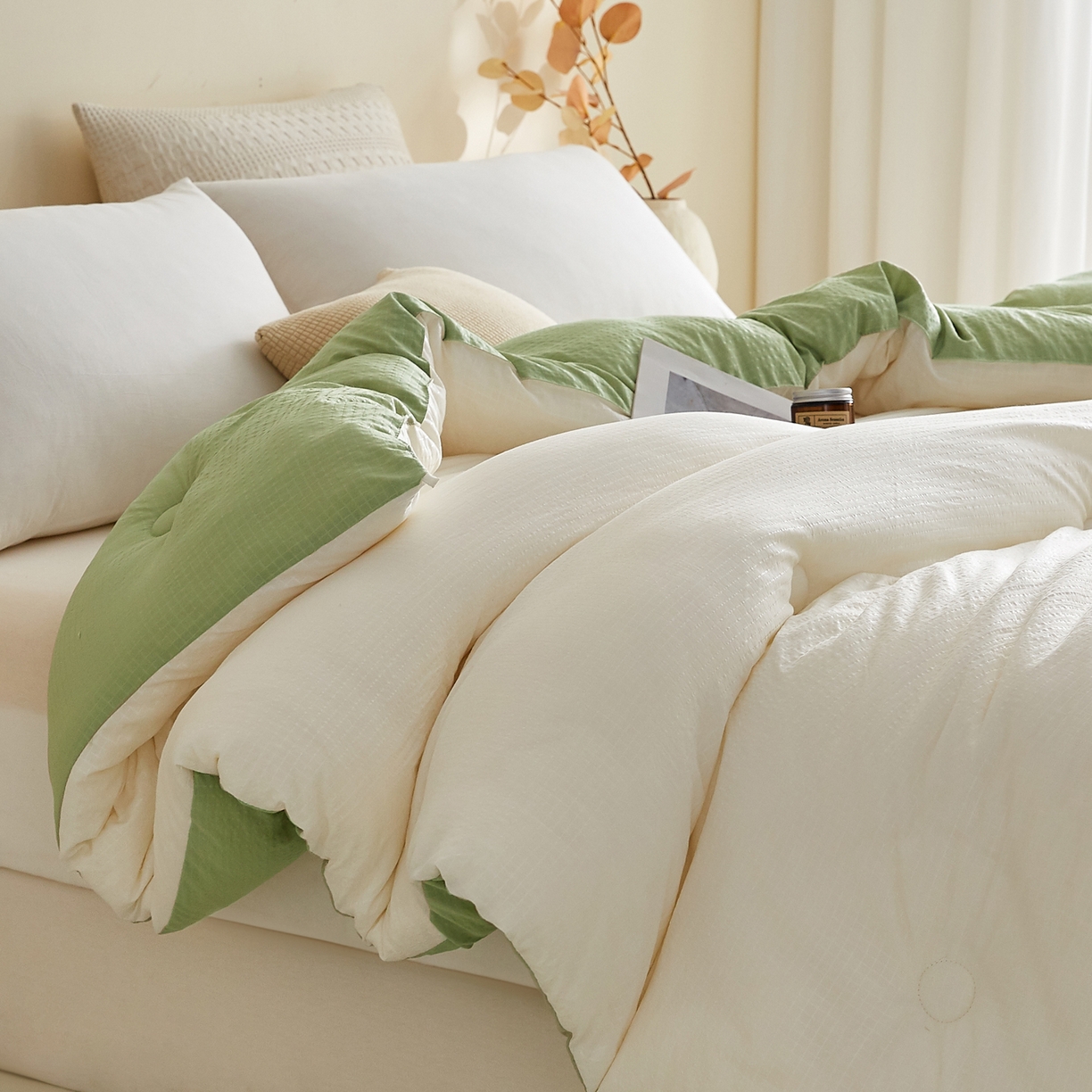 91家纺网 家纺一手货源 找家纺 帕芬鸟家纺 2025新款无染柔软大豆纤维被子被芯 无染米拼绿