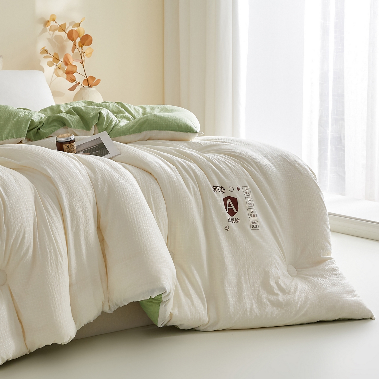91家纺网 家纺一手货源 找家纺 帕芬鸟家纺 2025新款无染柔软大豆纤维被子被芯 无染米拼绿