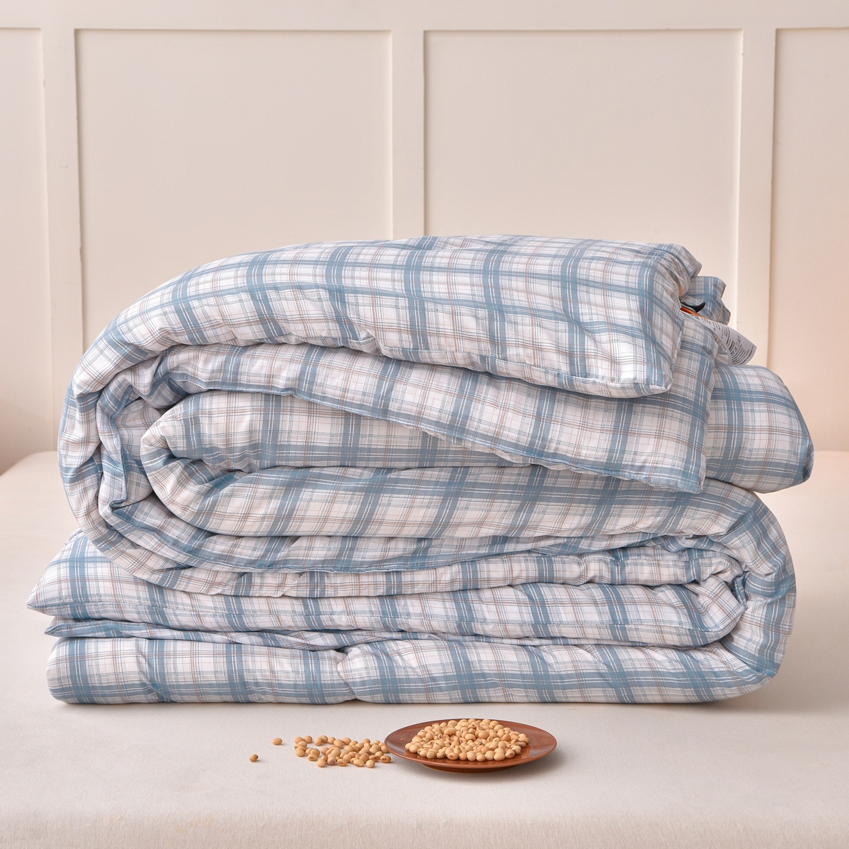 91家纺网 家纺一手货源 找家纺 苏迪网销供货 2025新款被子无印风格冬被水洗棉格子春秋被褥子 无印格～蓝