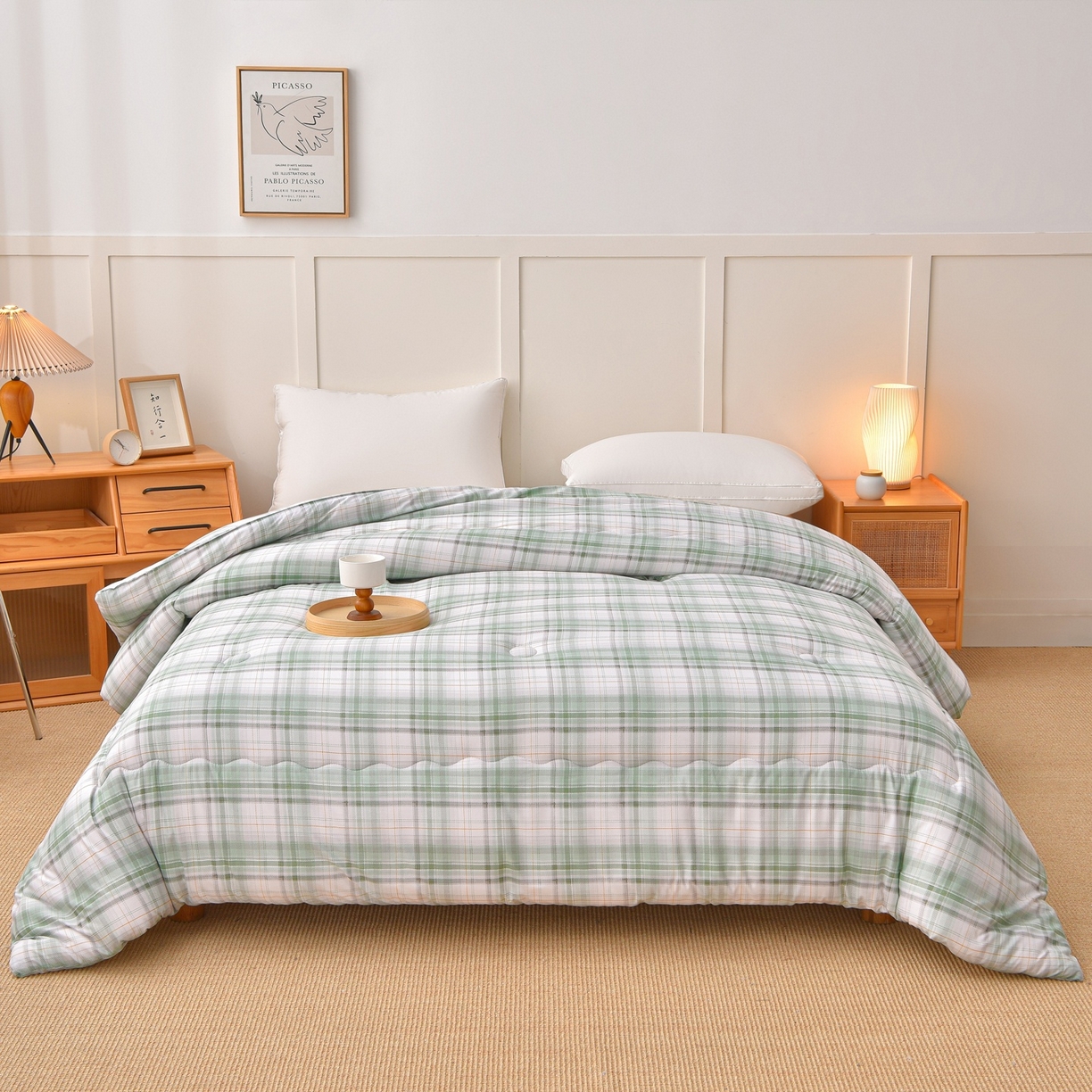 苏迪网销供货 2025新款被子无印风格冬被水洗棉格子春秋被褥子 无印格～绿