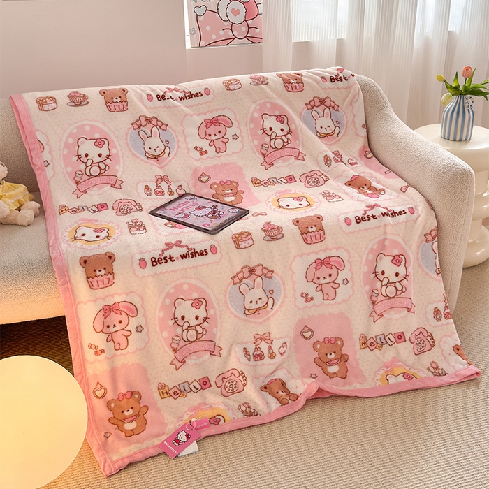 91家纺网 家纺一手货源 找家纺 （总）初念 2025新款正版三丽鸥双面印花牛奶绒多功能四季款毛毯空调毯（撸猫触感，双倍柔软）（提供买家秀）