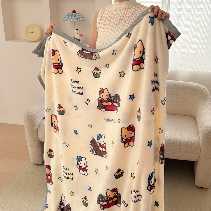 91家纺网 家纺一手货源 找家纺 初念 2025新款正版三丽鸥双面印花牛奶绒多功能四季款毛毯空调毯（撸猫触感，双倍柔软）（提供买家秀） 舒芙蕾-黑皮KT