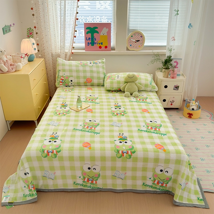 91家纺网 家纺一手货源 找家纺 初念 2025新款正版三丽鸥双面印花牛奶绒多功能四季款毛毯空调毯（撸猫触感，双倍柔软）（提供买家秀） 舒芙蕾-绿格大眼蛙