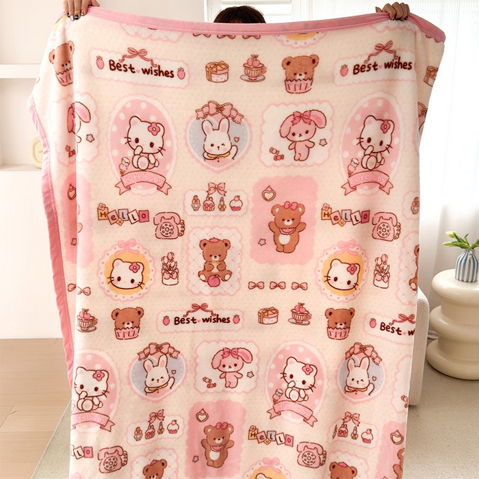 91家纺网 家纺一手货源 找家纺 初念 2025新款正版三丽鸥双面印花牛奶绒多功能四季款毛毯空调毯（撸猫触感，双倍柔软）（提供买家秀） 舒芙蕾-粉色回忆录