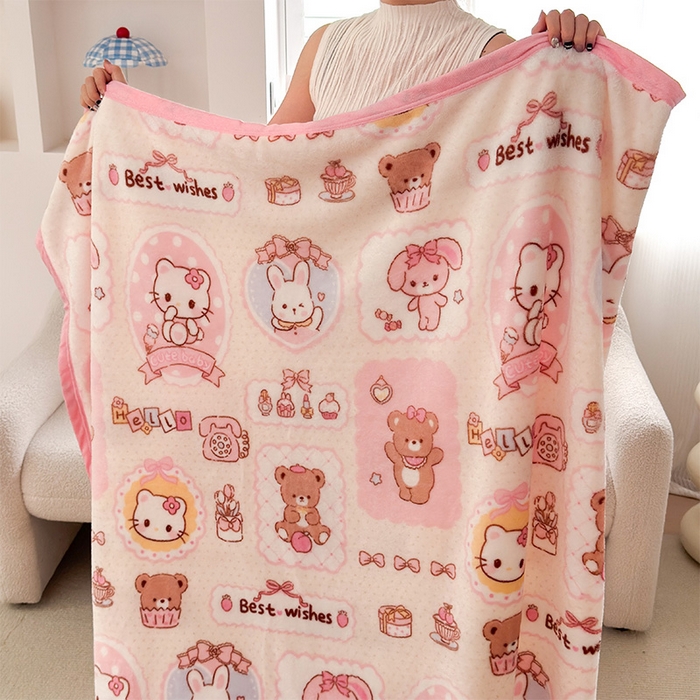 91家纺网 家纺一手货源 找家纺 初念 2025新款正版三丽鸥双面印花牛奶绒多功能四季款毛毯空调毯（撸猫触感，双倍柔软）（提供买家秀） 舒芙蕾-粉色回忆录