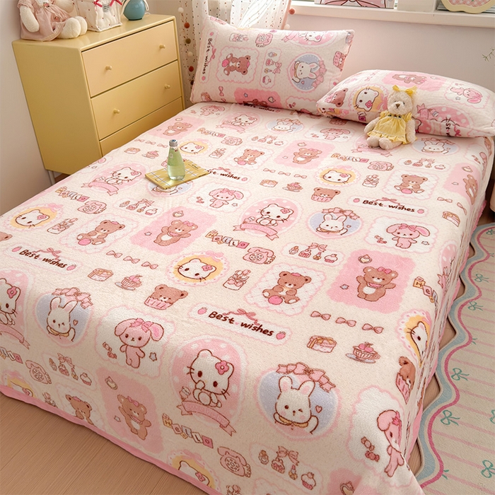 91家纺网 家纺一手货源 找家纺 初念 2025新款正版三丽鸥双面印花牛奶绒多功能四季款毛毯空调毯（撸猫触感，双倍柔软）（提供买家秀） 舒芙蕾-粉色回忆录