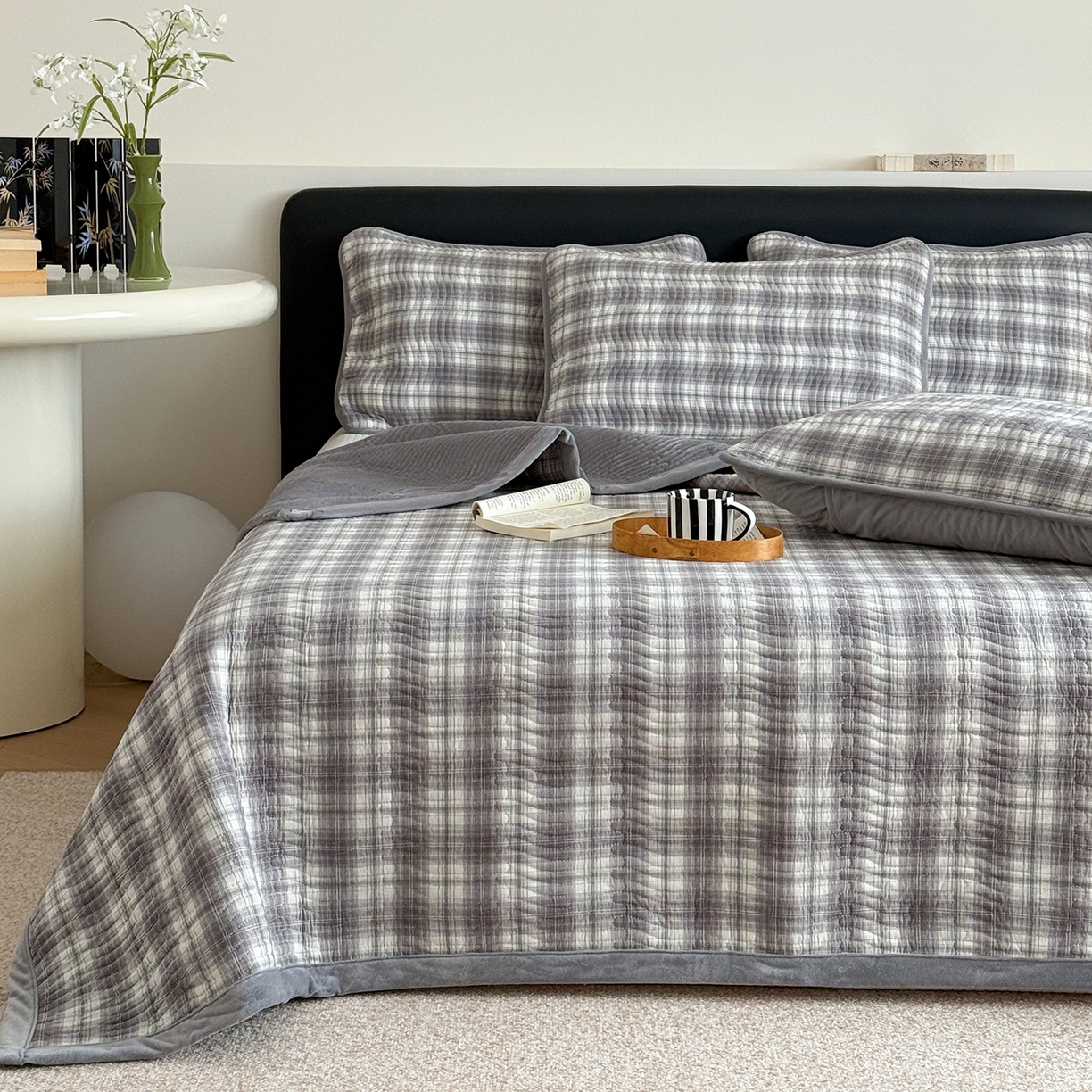 91家纺网 家纺一手货源 找家纺 乐野家居 2025新款A类全棉色织水洗棉棉加绒床盖三件套 可可灰