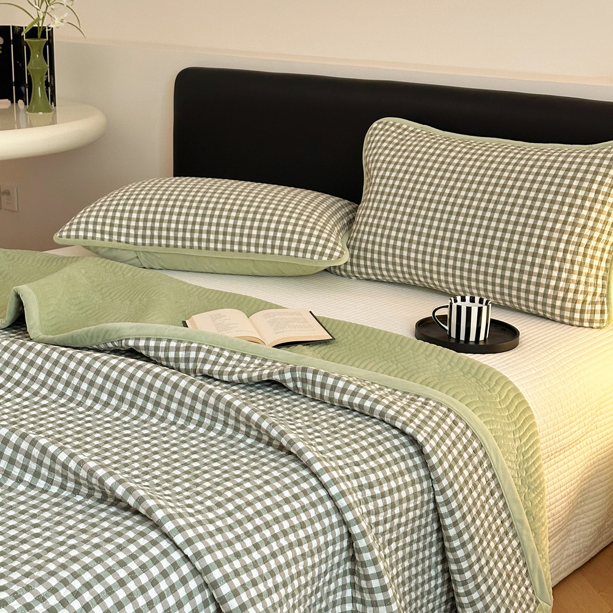 91家纺网 家纺一手货源 找家纺 乐野家居 2025新款A类全棉色织水洗棉棉加绒床盖三件套 绿小格