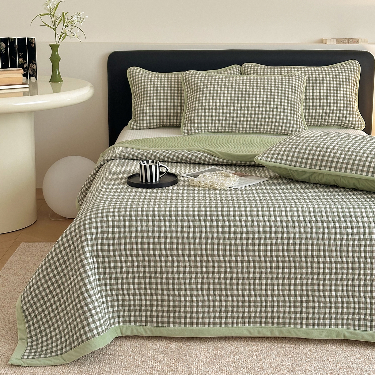 91家纺网 家纺一手货源 找家纺 乐野家居 2025新款A类全棉色织水洗棉棉加绒床盖三件套 绿小格