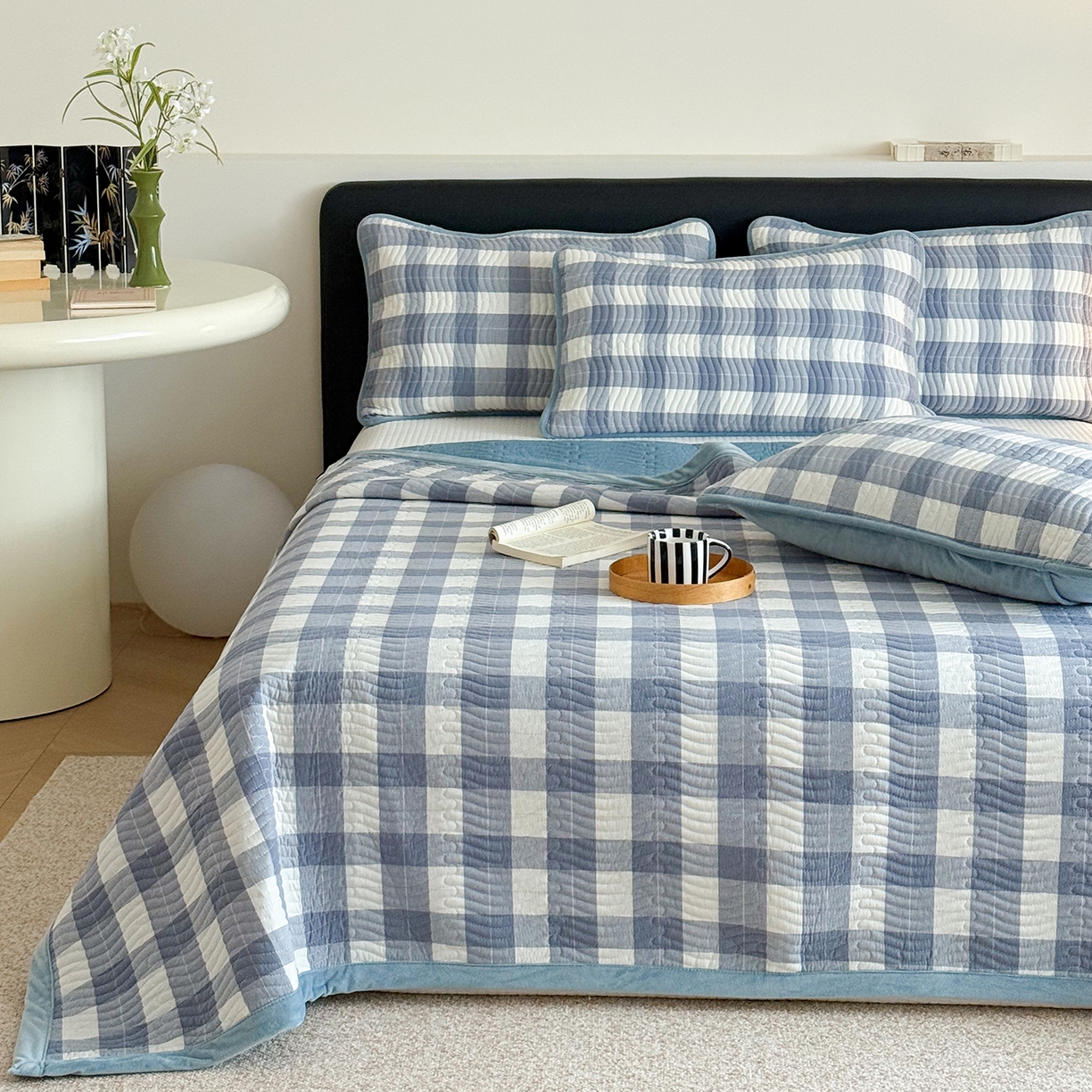 91家纺网 家纺一手货源 找家纺 乐野家居 2025新款A类全棉色织水洗棉棉加绒床盖三件套 左岸蓝