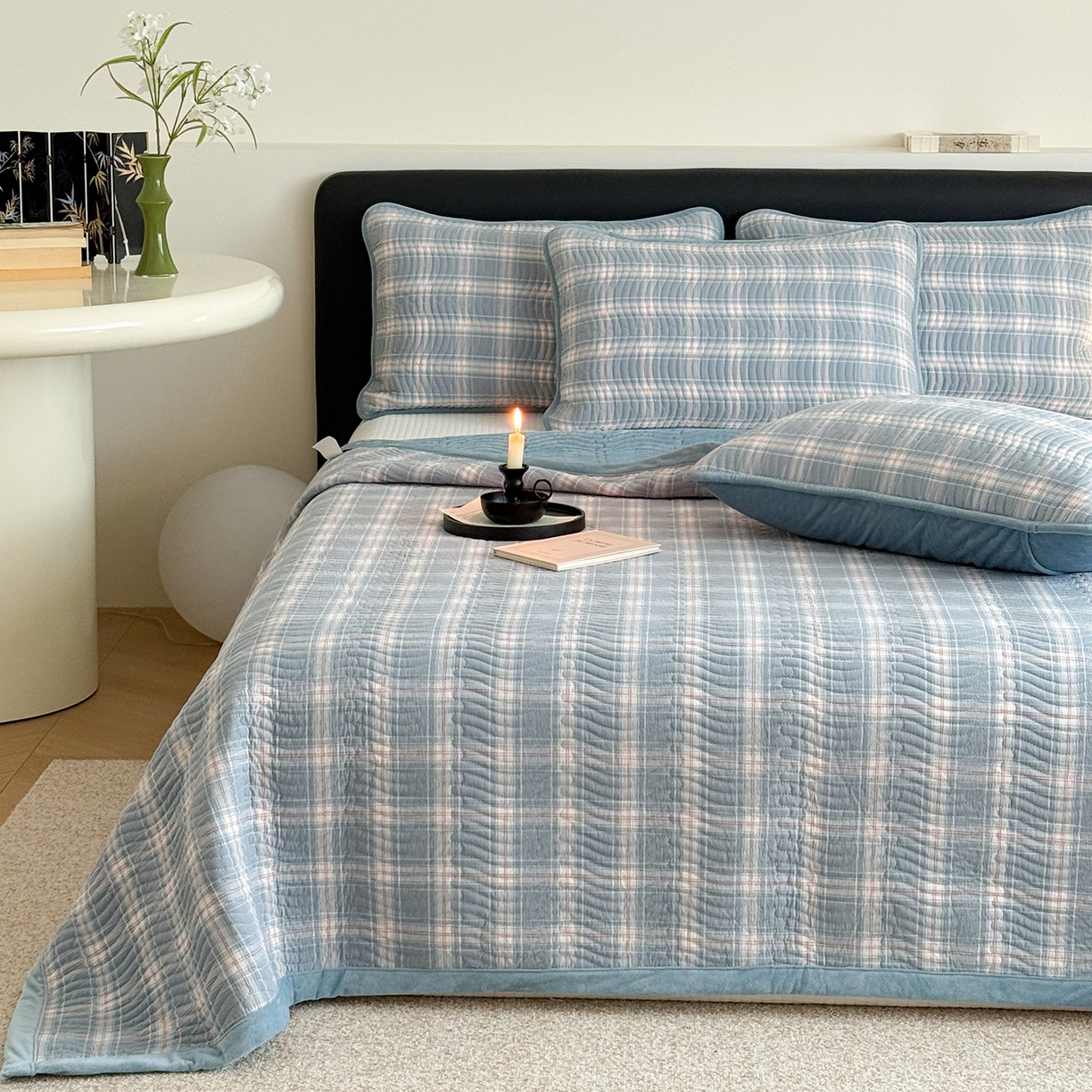 91家纺网 家纺一手货源 找家纺 乐野家居 2025新款A类全棉色织水洗棉棉加绒床盖三件套 罗恩兰