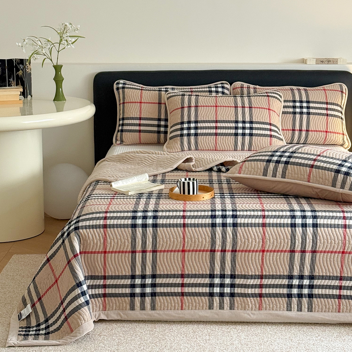 91家纺网 家纺一手货源 找家纺 乐野家居 2025新款A类全棉色织水洗棉棉加绒床盖三件套 小苏格兰