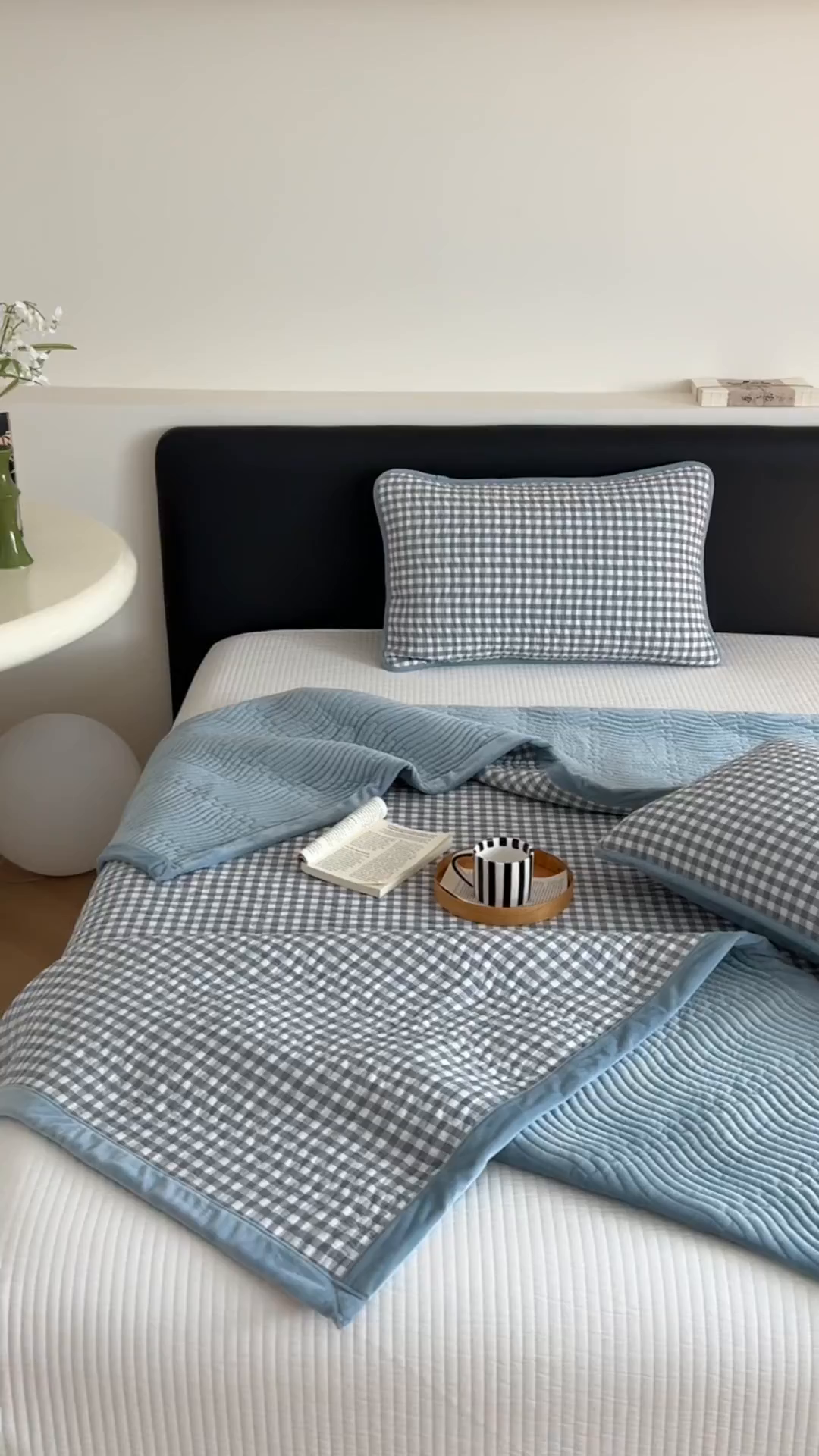 91家纺网 家纺一手货源 找家纺 乐野家居 2025新款A类全棉色织水洗棉棉加绒床盖三件套 蓝小格