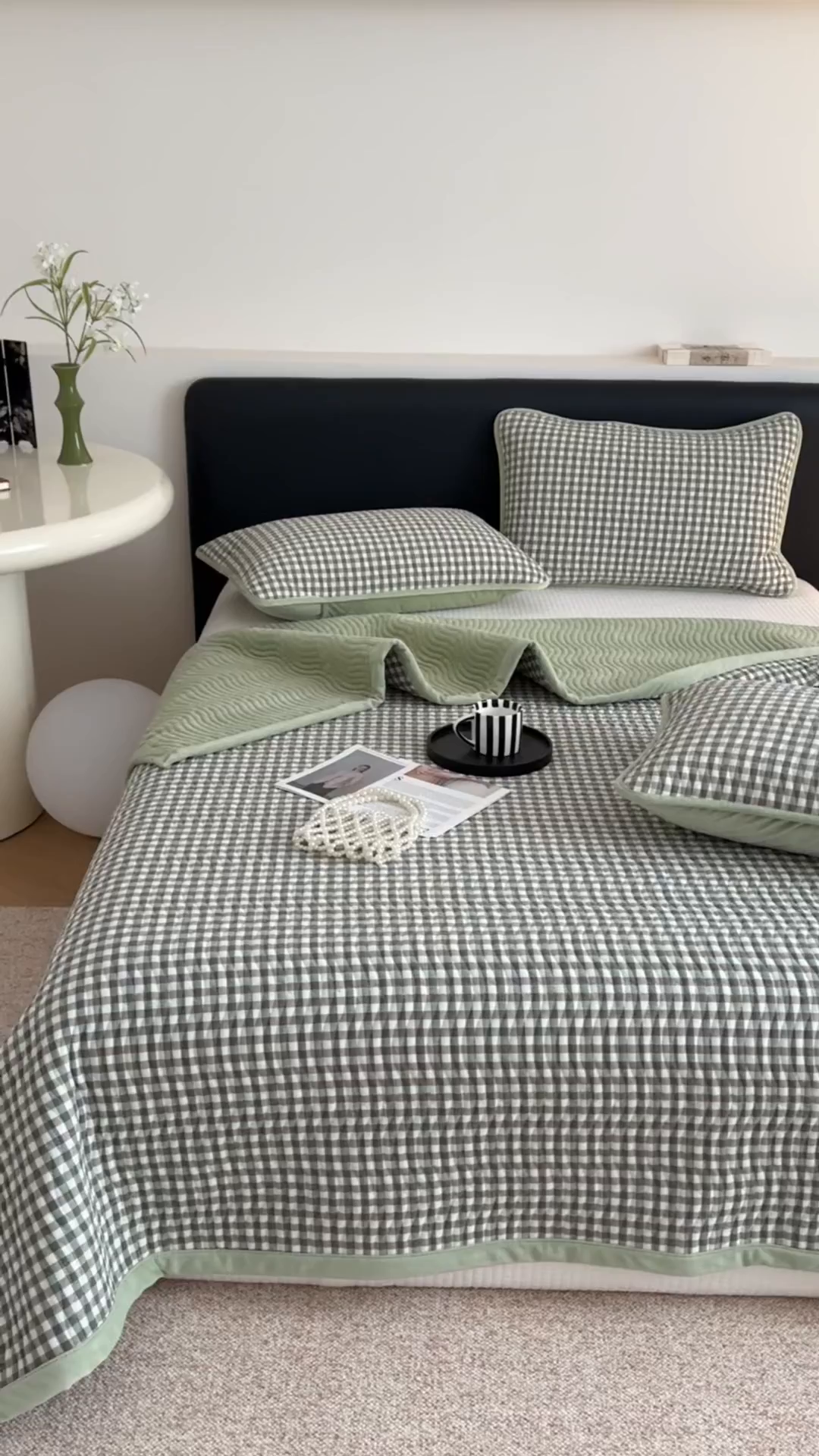 91家纺网 家纺一手货源 找家纺 乐野家居 2025新款A类全棉色织水洗棉棉加绒床盖三件套 绿小格