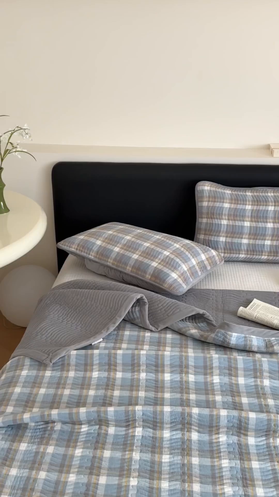 91家纺网 家纺一手货源 找家纺 乐野家居 2025新款A类全棉色织水洗棉棉加绒床盖三件套 蓝中格