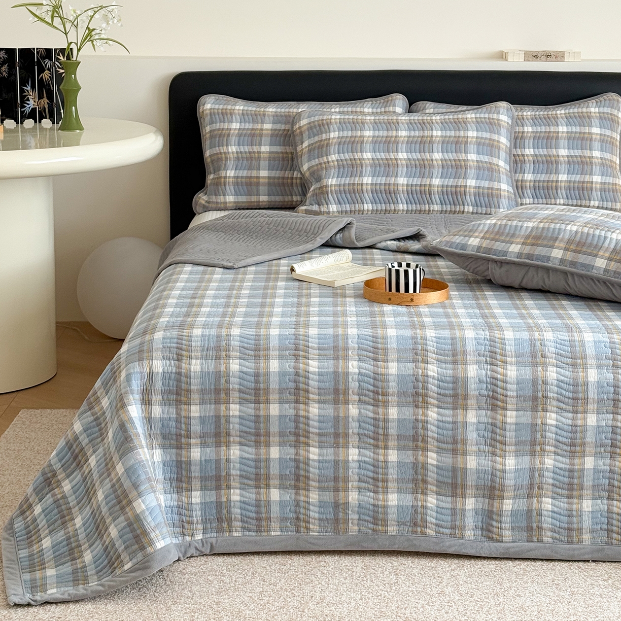 91家纺网 家纺一手货源 找家纺 乐野家居 2025新款A类全棉色织水洗棉棉加绒床盖三件套 蓝中格