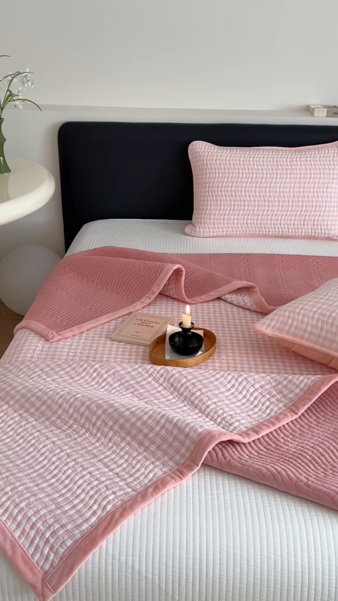 91家纺网 家纺一手货源 找家纺 乐野家居 2025新款A类全棉色织水洗棉棉加绒床盖三件套 粉小格