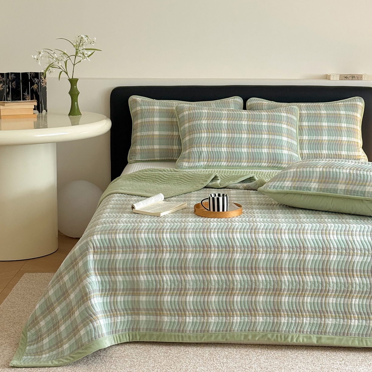 91家纺网 家纺一手货源 找家纺 乐野家居 2025新款A类全棉色织水洗棉棉加绒床盖三件套 绿中格