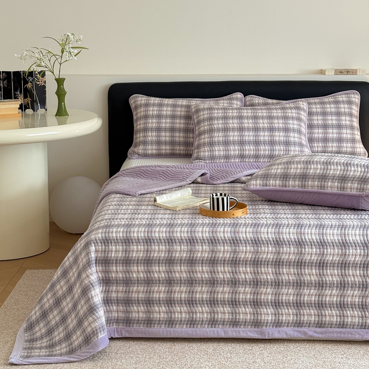 91家纺网 家纺一手货源 找家纺 乐野家居 2025新款A类全棉色织水洗棉棉加绒床盖三件套 可可紫